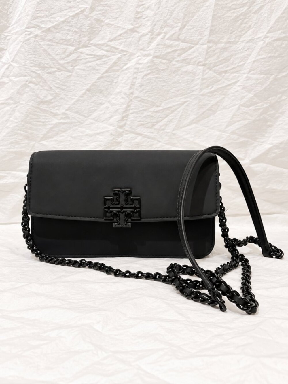 Tory Burch Black Matte Leather Crossbody Clutch Black Hardware Chain Strap